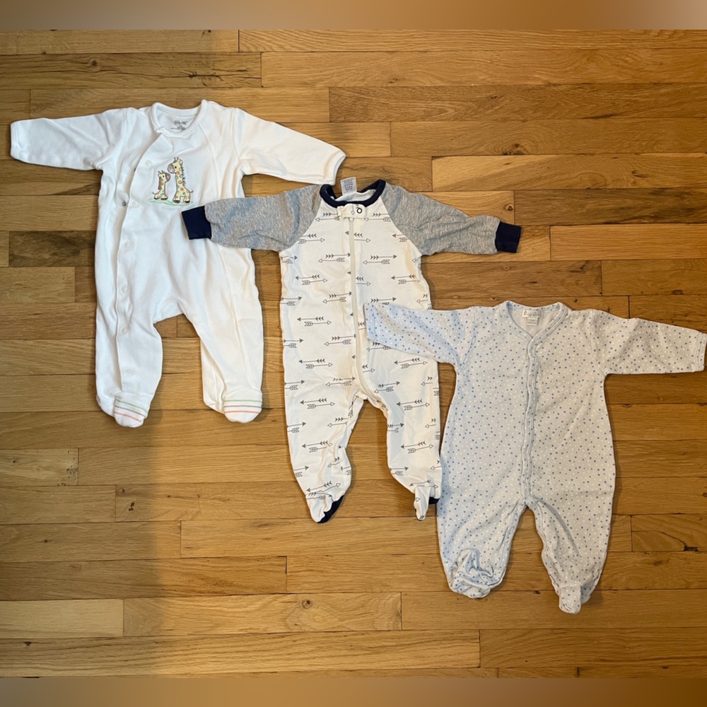 Mix of 3 baby footed pajamas, 100% cotton, unisex, 3-6 months